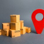 pile-cardboard-boxes-red-position-pin-locating-packages-goods